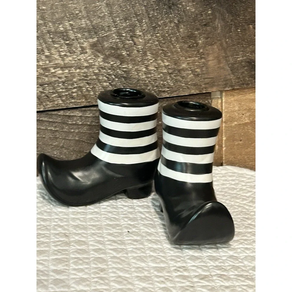 Vintage Ceramic Boots Candle Stick‎ Holder Shoe Figurines Black White Stripe